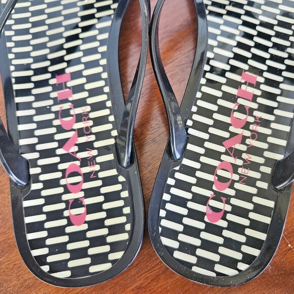 COACH New York Landon Black Thong Jelly Flip Flops Sandals with Gold Bow Size 7 - Picture 10 of 11